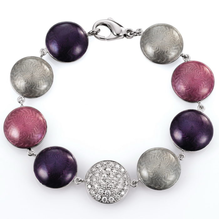 Gold bracelet with diamonds and pink, purple and silver enameled guilloche