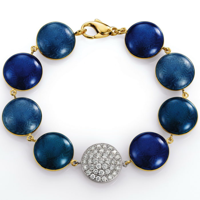Gold bracelet with diamonds and blue and petrol enamelled guilloche