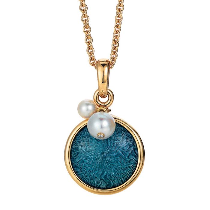 Gold pendant with blue enameled guilloche and Akoya pearls