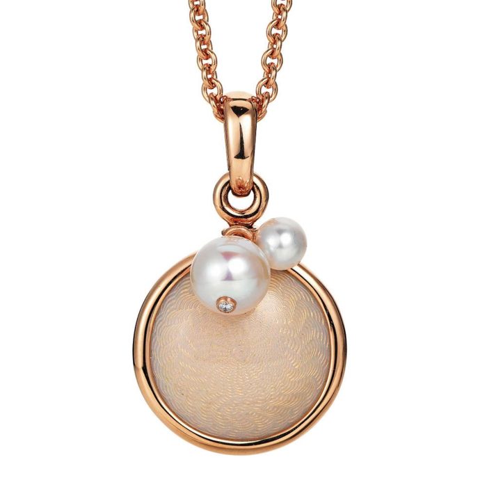 Gold pendant with pink enameled guilloche and Akoya pearls