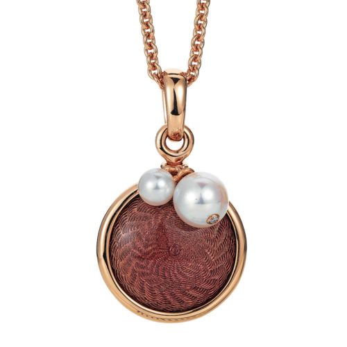 Gold pendant with aubergine red enameled guilloche and Akoya pearls