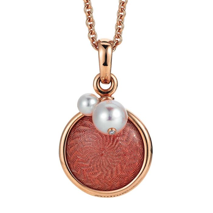 Gold pendant with rose enameled guilloche and Akoya pearls