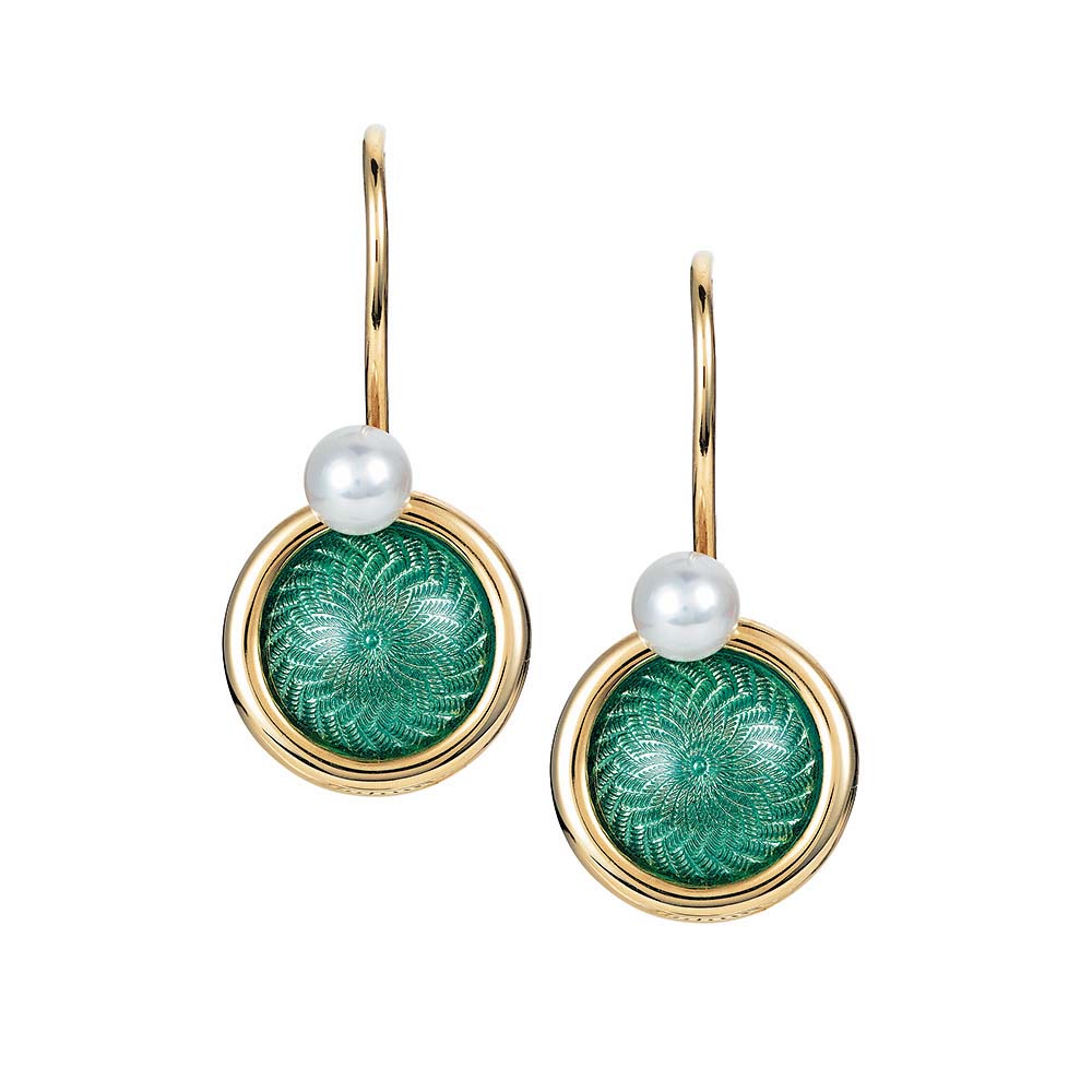 Gold earrings with green enameled guilloche and Akoya pearls