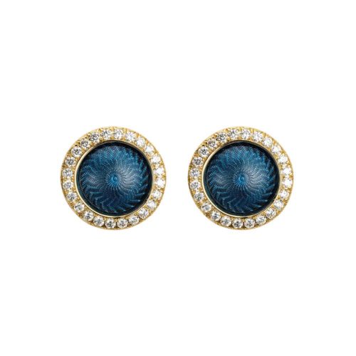 Gold earrings with blue enameled guilloche and diamonds
