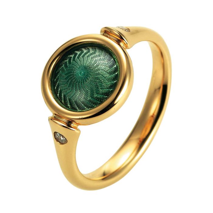 Gold ring with green enameled guilloche and diamonds