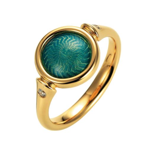 Gold ring with opal turquoise enameled guilloche and diamonds