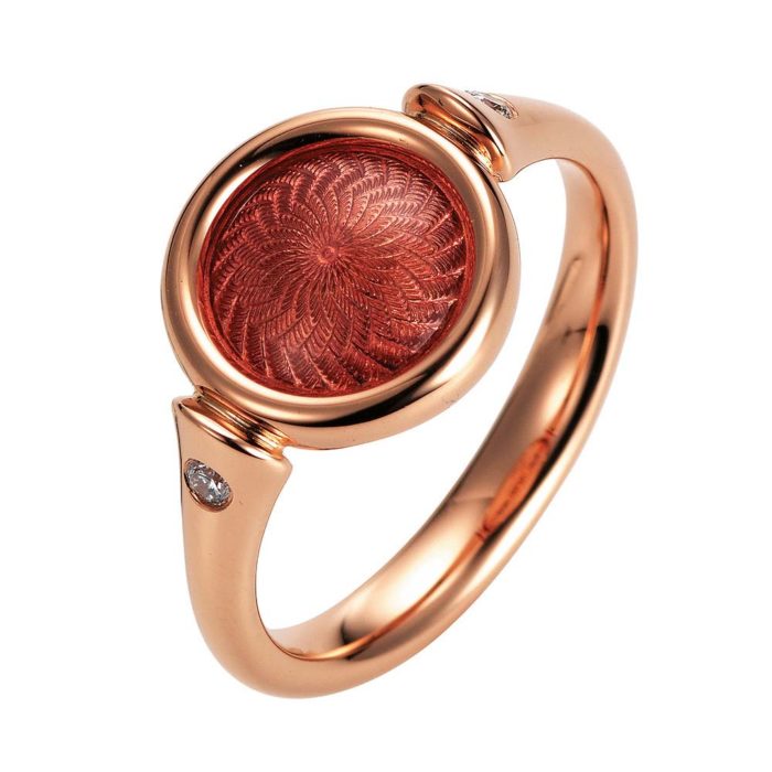 Gold ring with red enameled guilloche and diamonds