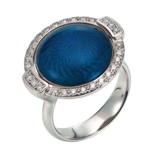 Weiss-Gold-Ring mit blauem Emaille und Guilloche sowie einem Brillantkranz um das drehbare runde Mittelteil