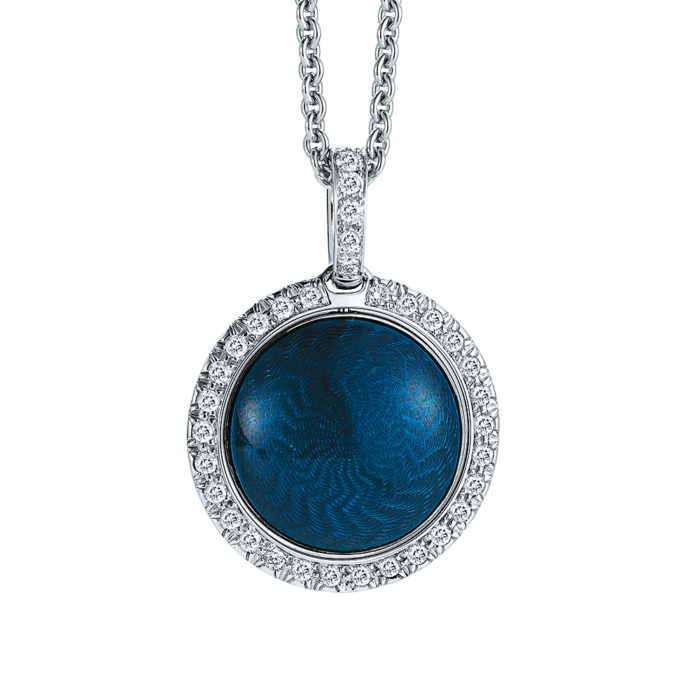 Gold pendant with blue or silver enamelled guilloche and diamonds around the turnable middle part