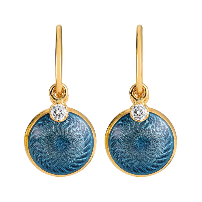 Gold earrings with blue enameled guilloche and diamonds
