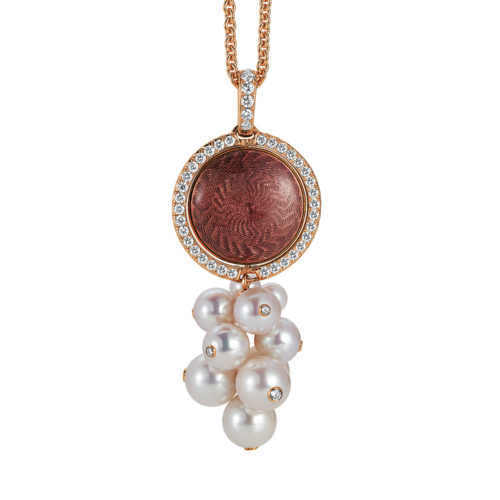 Gold pendant with red enameled guilloche, diamonds and Akoya pearls