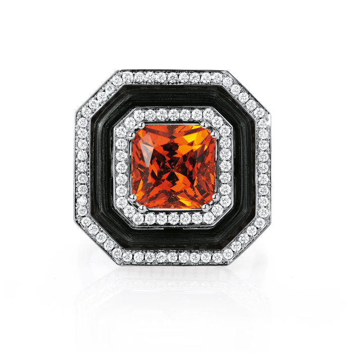 Gold-Ring mit Diamanten, schwarzem Emaille und orangefarbenem Edelstein