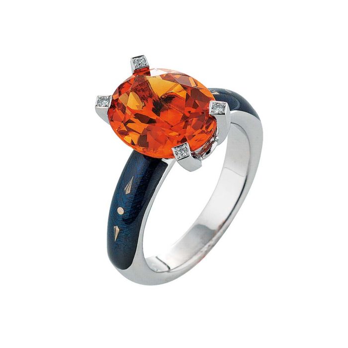 Diamond-set, white gold ring with anthracite guilloche enamel and Palmeira citrine