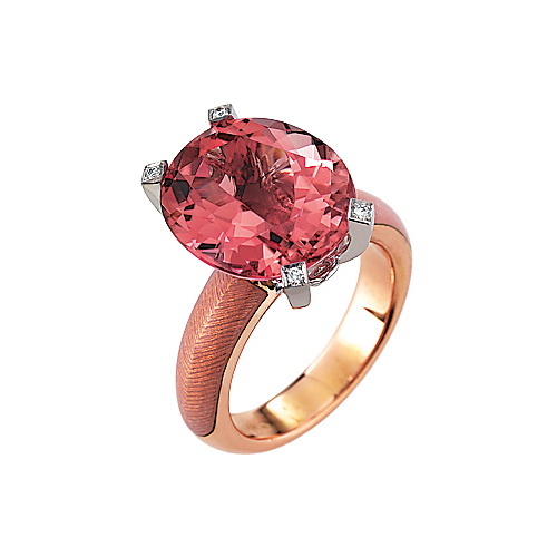 Diamant-besetzter Gold-Ring mit opalweiß emailliertem Guilloche und rosa Turmalin