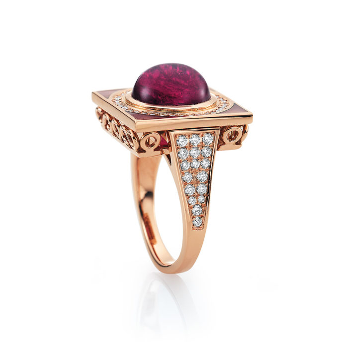 Diamond-set, rose gold ring with opal white guilloche enamel and rubellite