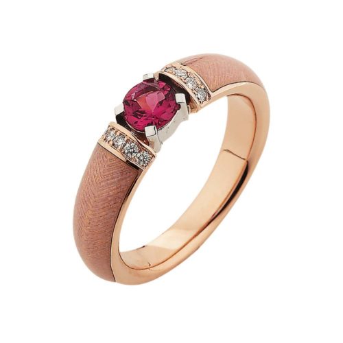 Diamond-set, rose-white gold ring with opal white guilloche enamel and pink tourmaline