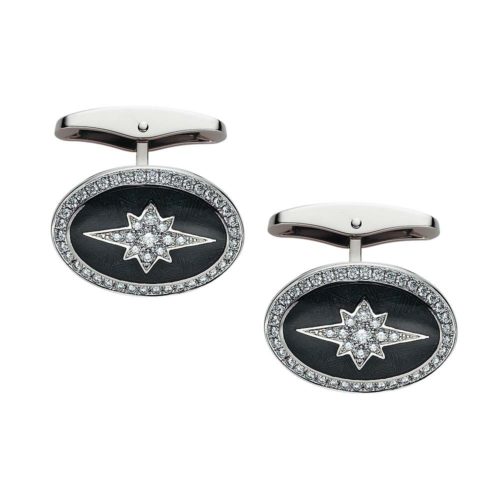 Gold cufflinks with grey enameled guilloche with diamonds