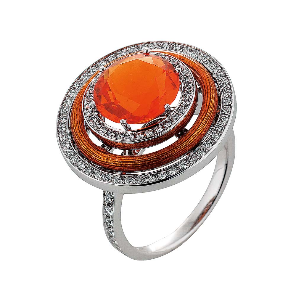 Gold-Ring mit Diamanten, orangefarbenem Emaille und orangefarbenem Edelstein