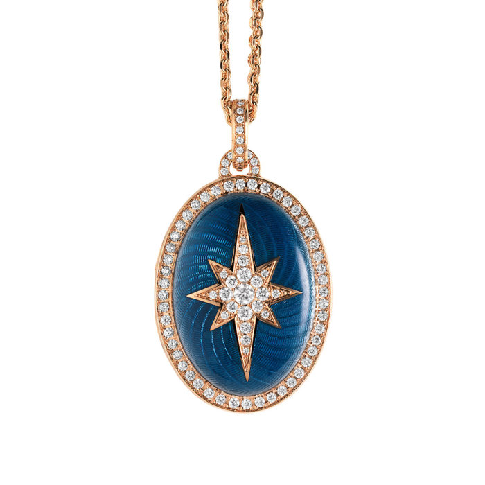 Gold locket with blue enamelled guilloche with diamonds to open for your own picture
