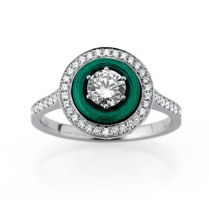 Diamond-set, white-yellow gold ring with emerald green guilloche enamel