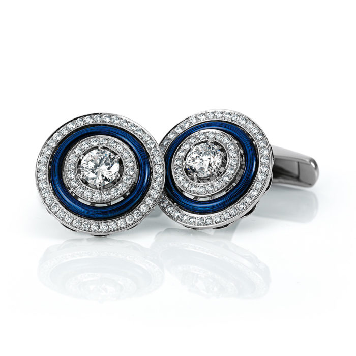 Diamonds-set, white gold cuff-links with blue guilloche enamel