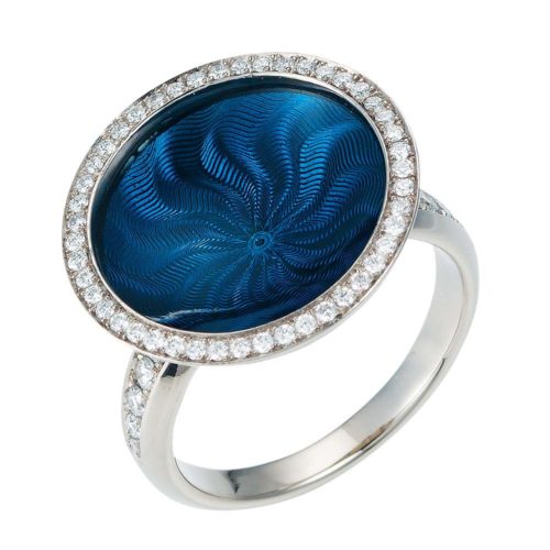 Diamond-set gold ring with blue enameled guilloche