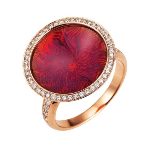 Diamant-besetzter Gold-Ring mit opalhimbeerfarben emailliertem Guilloche
