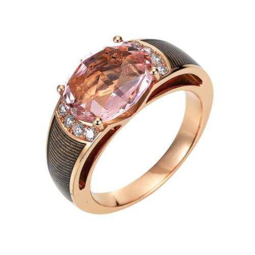 Diamond-set rose gold ring with light grey guilloche enamel with pink tourmaline