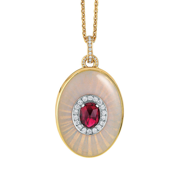 Diamond-set, yellow-white-gold locket-pendant with opal white guilloche enamel and rubellite