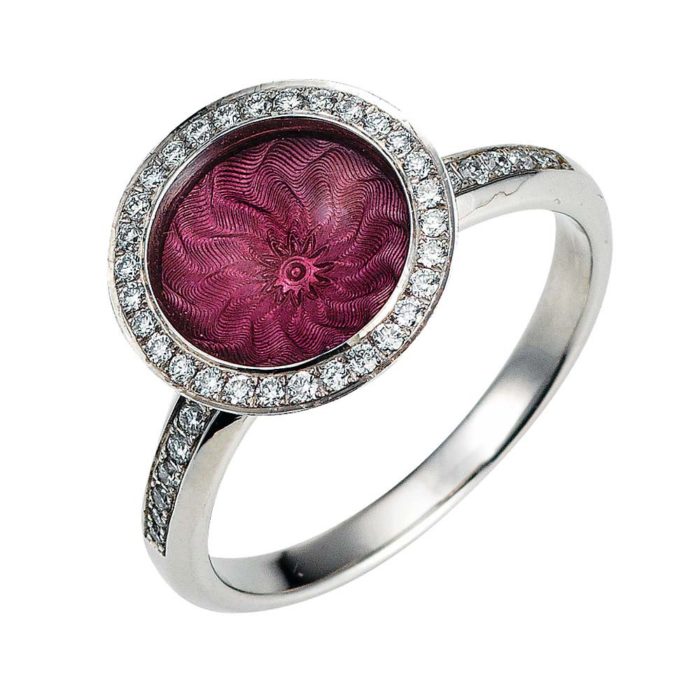 Diamond-set gold ring with pink enameled guilloche