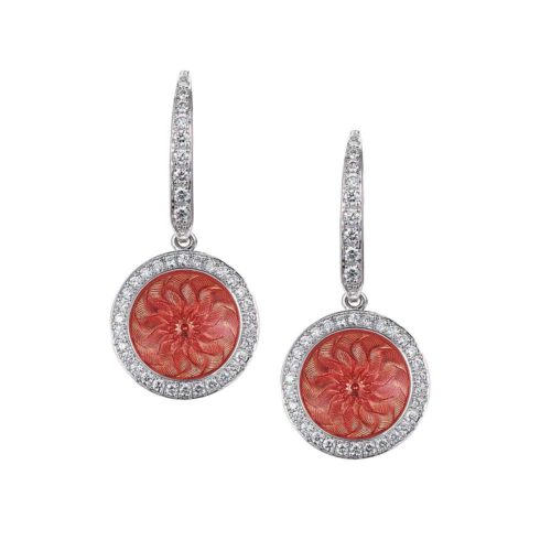 Diamond-set gold earrings with pink enameled guilloche