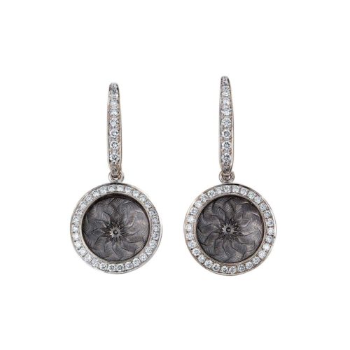 Diamond-set gold earrings with silver enameled guilloche