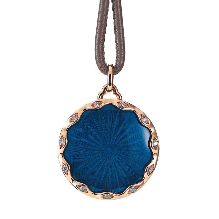 Gold pendant with blue enameled guilloche and diamonds