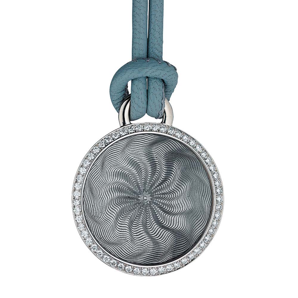 Diamond set gold pendant with silver enameled guilloche