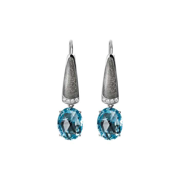 Diamond-set, white gold earrings with silver guilloche enamel and aquamarine