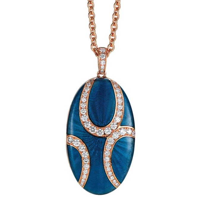 Diamond-set, rose gold locket-pendant with light blue guilloche enamel