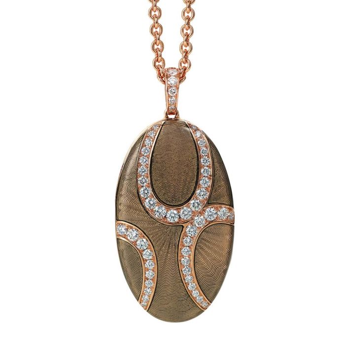 Diamond-set, rose gold locket-pendant with light grey guilloche enamel