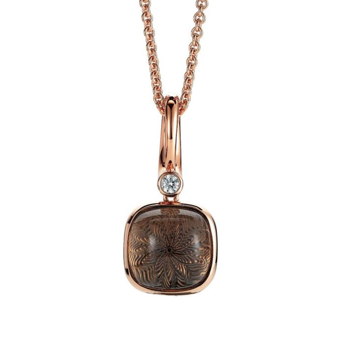 Diamond-set, rose gold pendant with smoky quartz on guilloched pattern