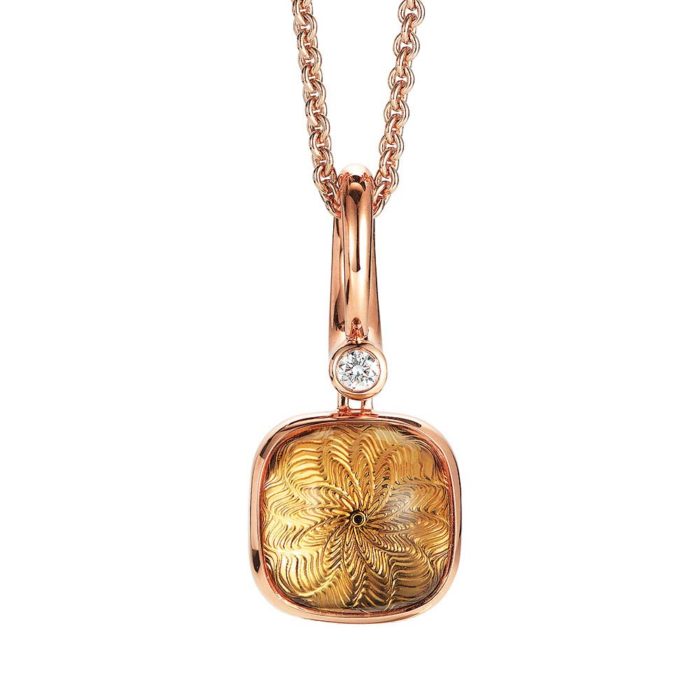 Diamond-set, rose gold pendant with gold citrine on guilloched pattern