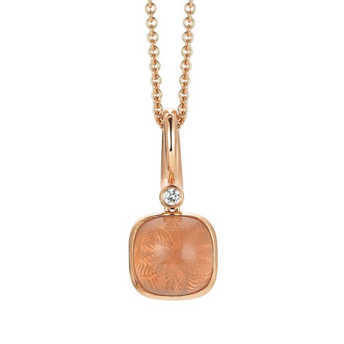 Diamond-set, rose gold pendant with rose quartz on guilloched pattern