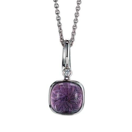Gold pendant with purple gemstone on guilloched surface with diamond