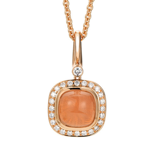 Gold pendant with peach coloured gemstone and diamonds