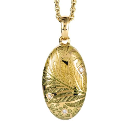 Gold-Medaillon mit hellgrün emailliertem Guilloche mit Diamanten zum Aufklappen für das eigene Bild