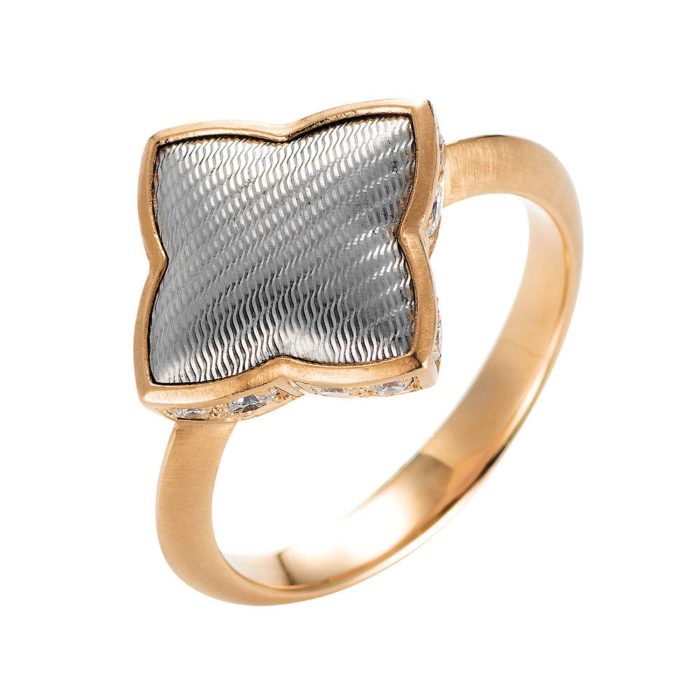 Diamond-set gold ring with guilloche