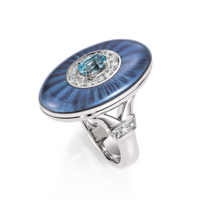 Diamond-set, white gold ring with medium blue guilloche enamel and aquamarine