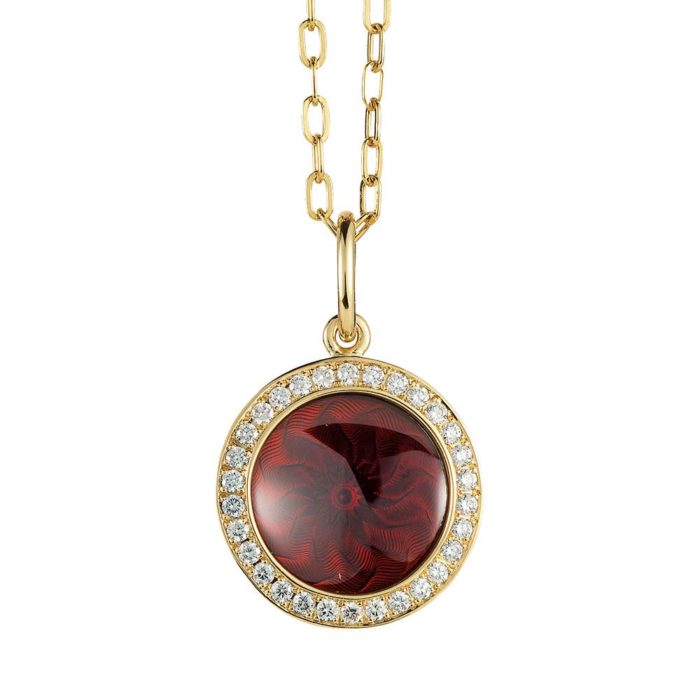 Diamond-set gold pendant with aubergine red enameled guilloche