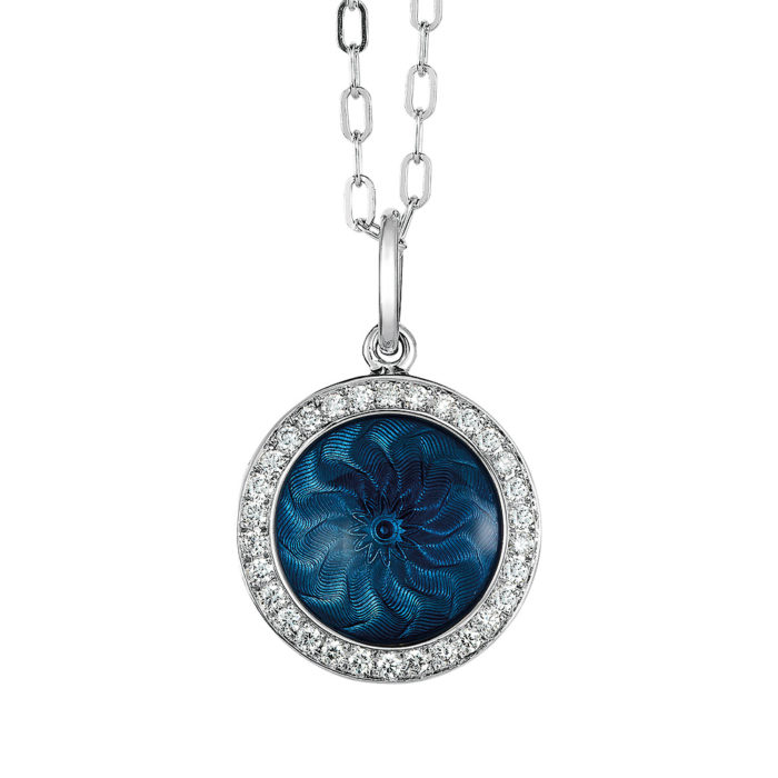 Diamond set gold pendant with medium blue enameled guilloche