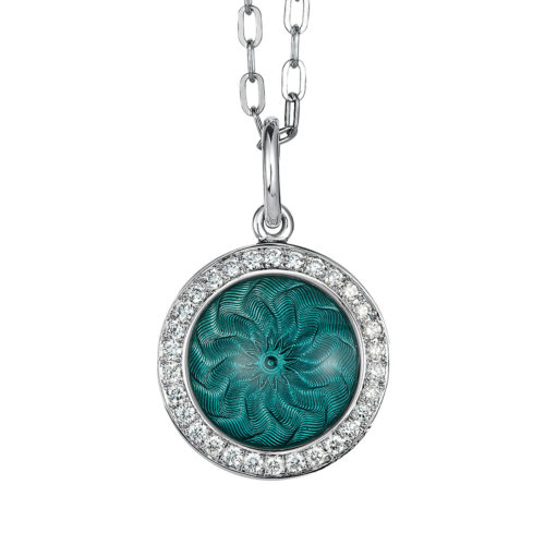 Diamond-set gold pendant with turquoise enameled guilloche