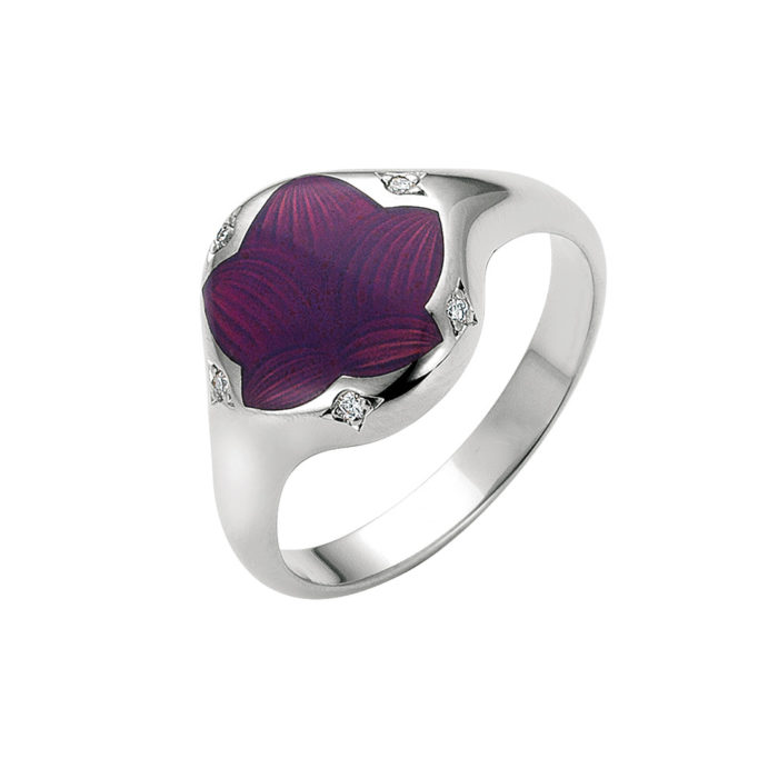 Diamond set gold ring with opalescent raspberry enameled guilloche