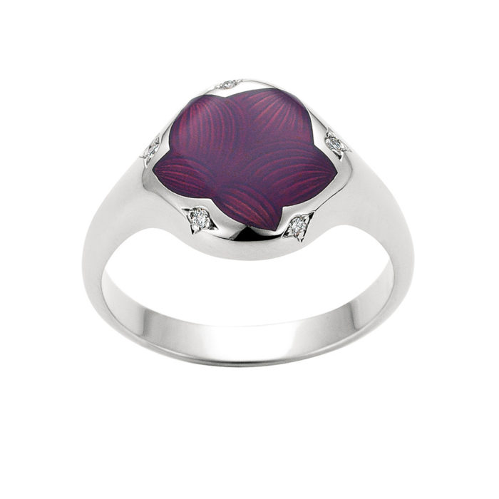 Diamond set gold ring with opalescent raspberry enameled guilloche